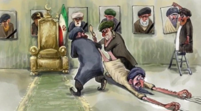 أحدث لقطة: After the assassination of Khamenei, a satirical cartoon shows the new leader being forcefully withdrawn to be installed in Iran