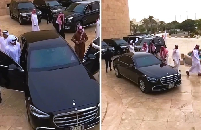 تفاصيل صورة لـ: In the video: Prince Faisal bin Farhan drives his vehicle accompanied by the Prime Minister and Minister of Foreign Affairs of Qatar
