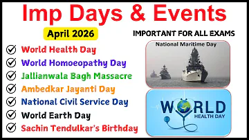 Important Days & Dates - April Month 2026, National/International, Festivals, Events,