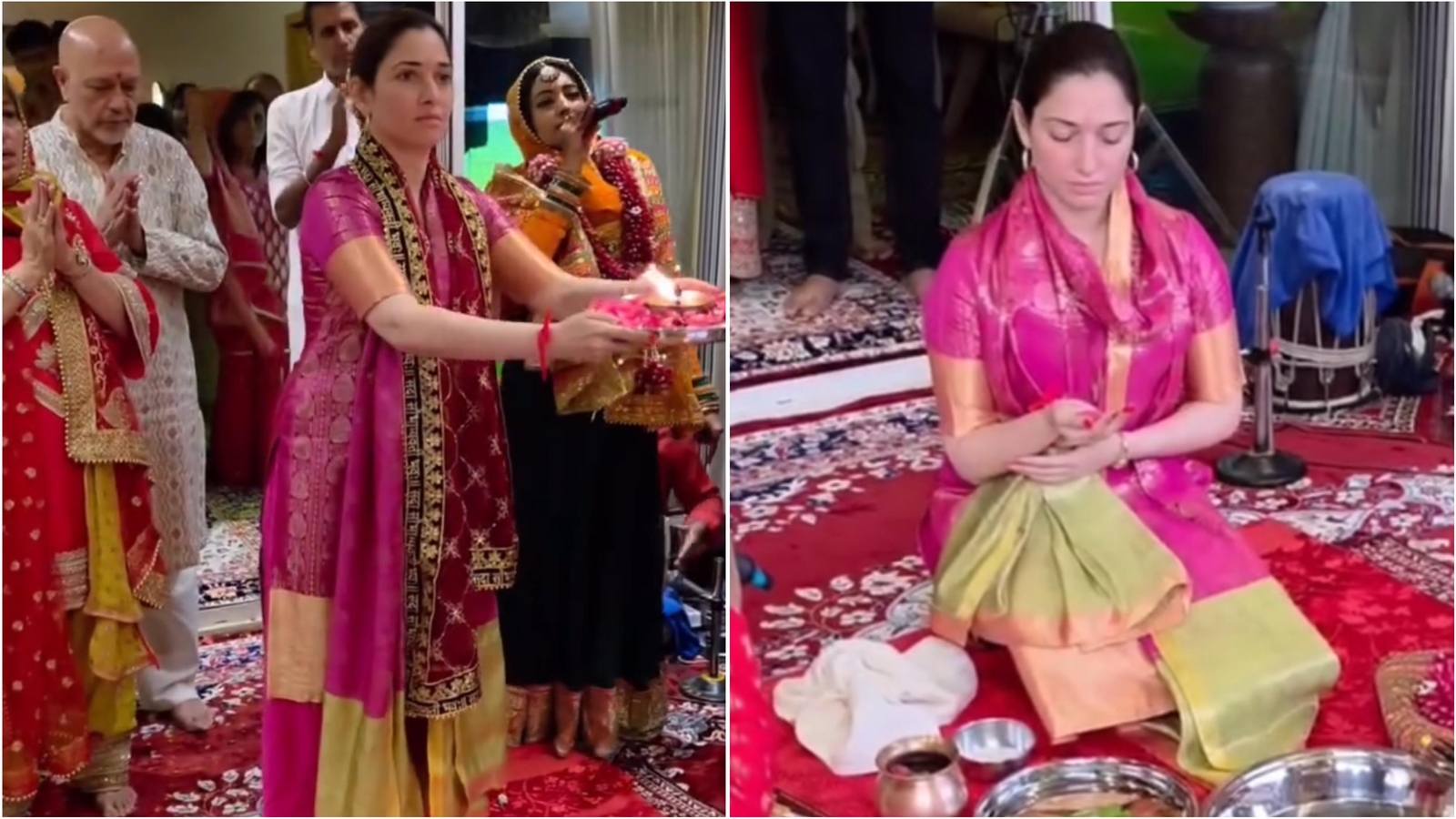 Tamannaah Bhatia converted Temple Prasad Saree into a beautiful side pack for her Mata Ki Chowki celebration